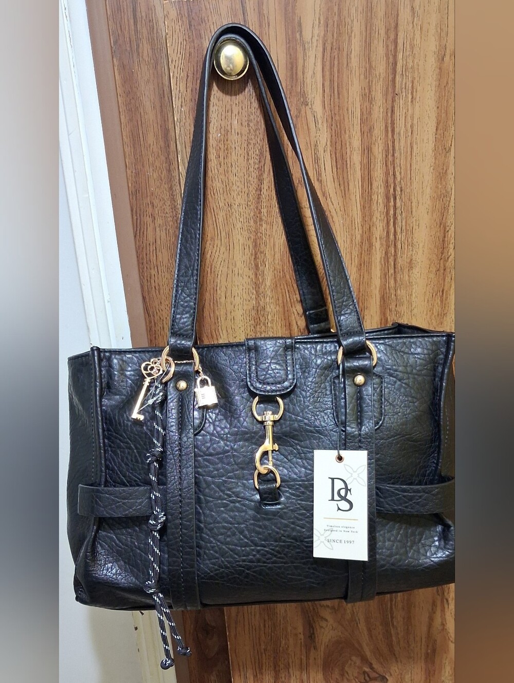 Black Women's Shoulder Tote with Gold Hardware